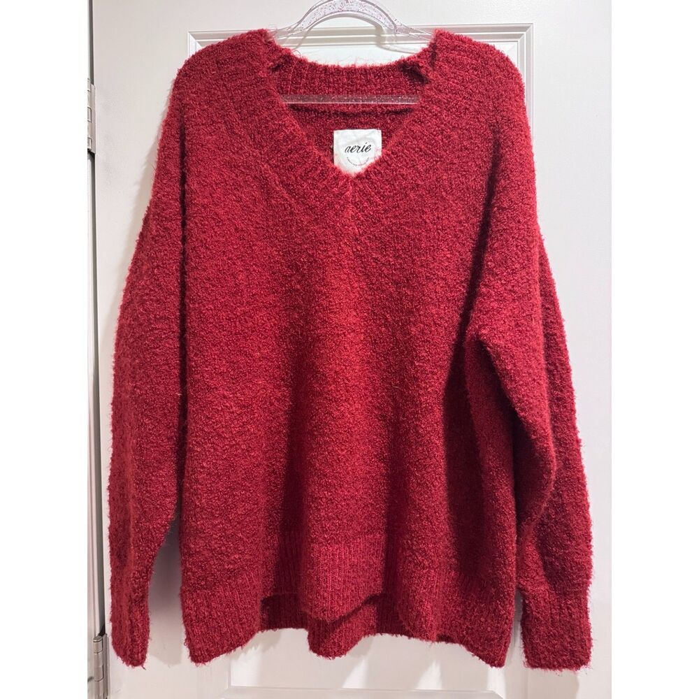 Aerie Beyond Oversized Chenille V-Neck Sweater Medium Rustic Red Cozy